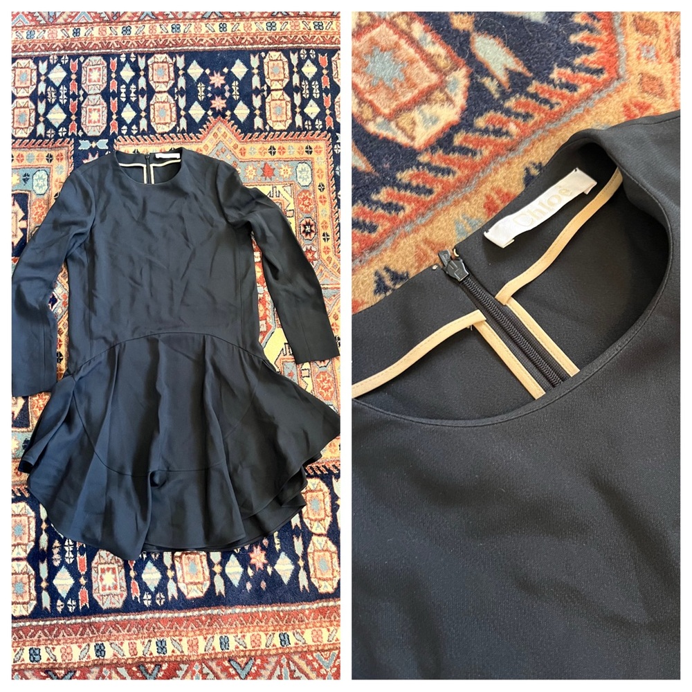Chloe black mini dress long sleeve ruffle hem pockets slits FR 38 S/M